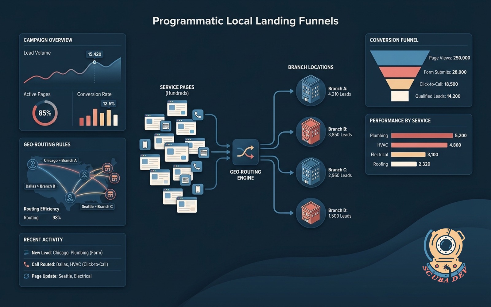 A stylized map showing multiple location pins dropping into individual landing page wireframes to illustrate a wide network of localized lead generation funnels.
