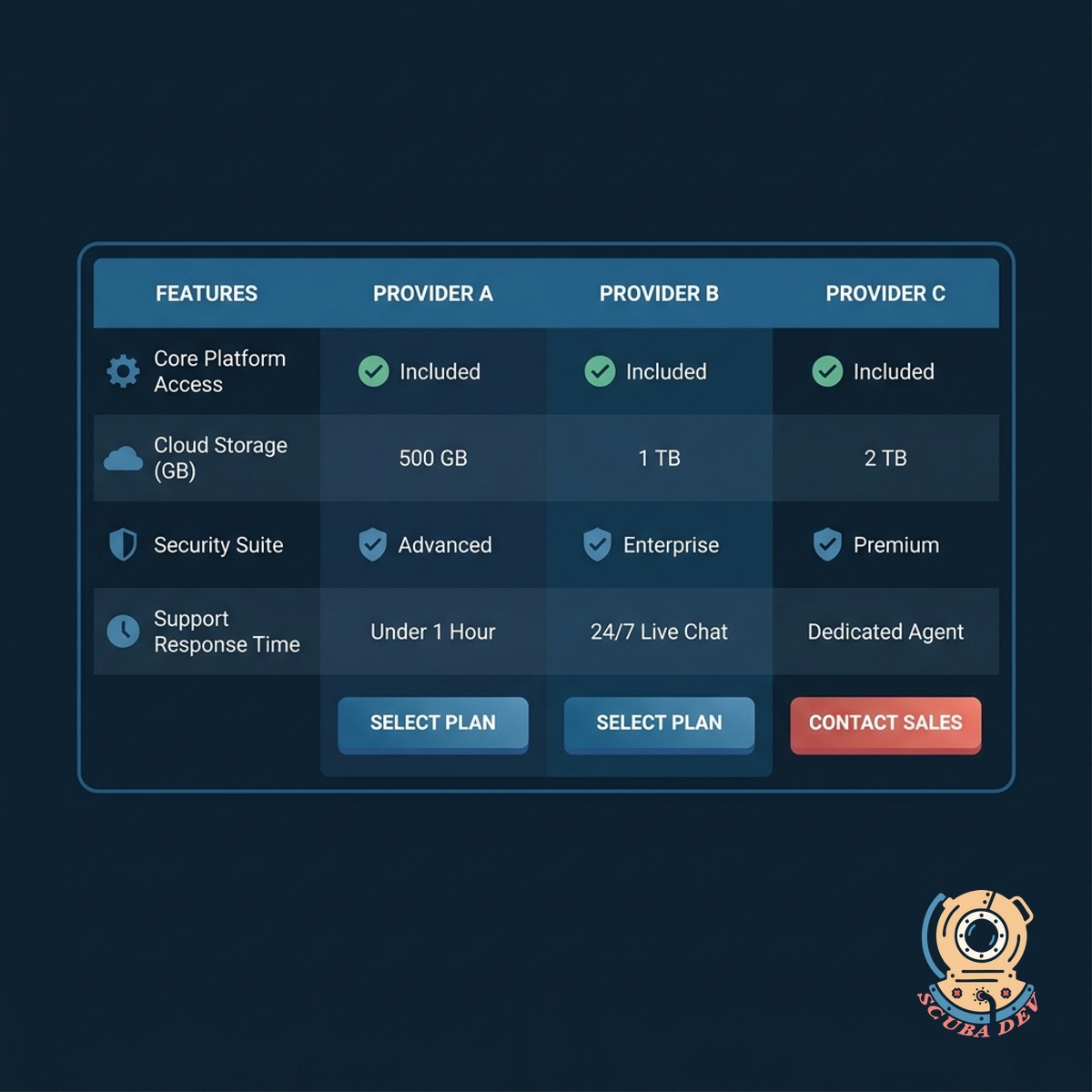A user interface displaying a comparison table with checkmarks and feature lists for three different service providers.