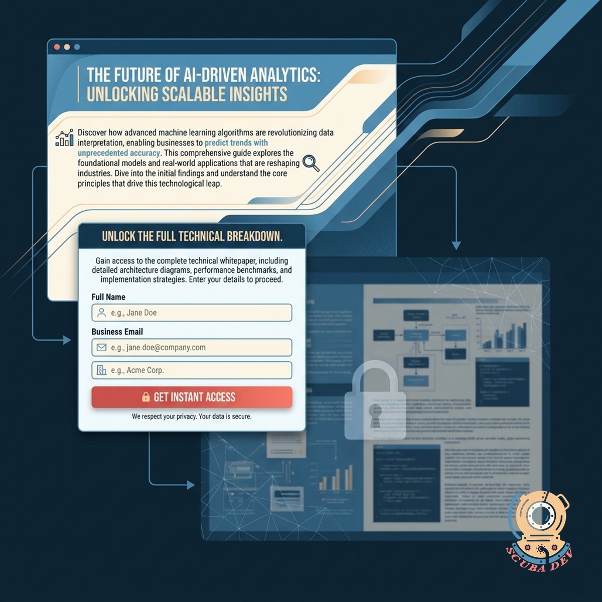 A webpage layout showing the top half of a case study visible while the bottom half is blurred out behind a clean email capture form.