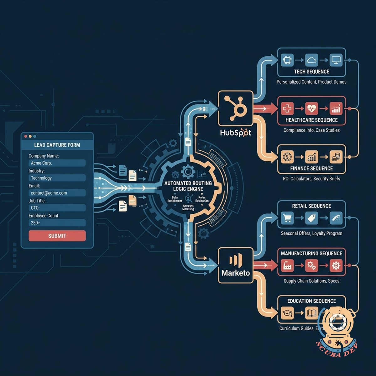 A flowchart diagram showing form submission data flowing into a routing engine that splits leads into different targeted marketing tracks.