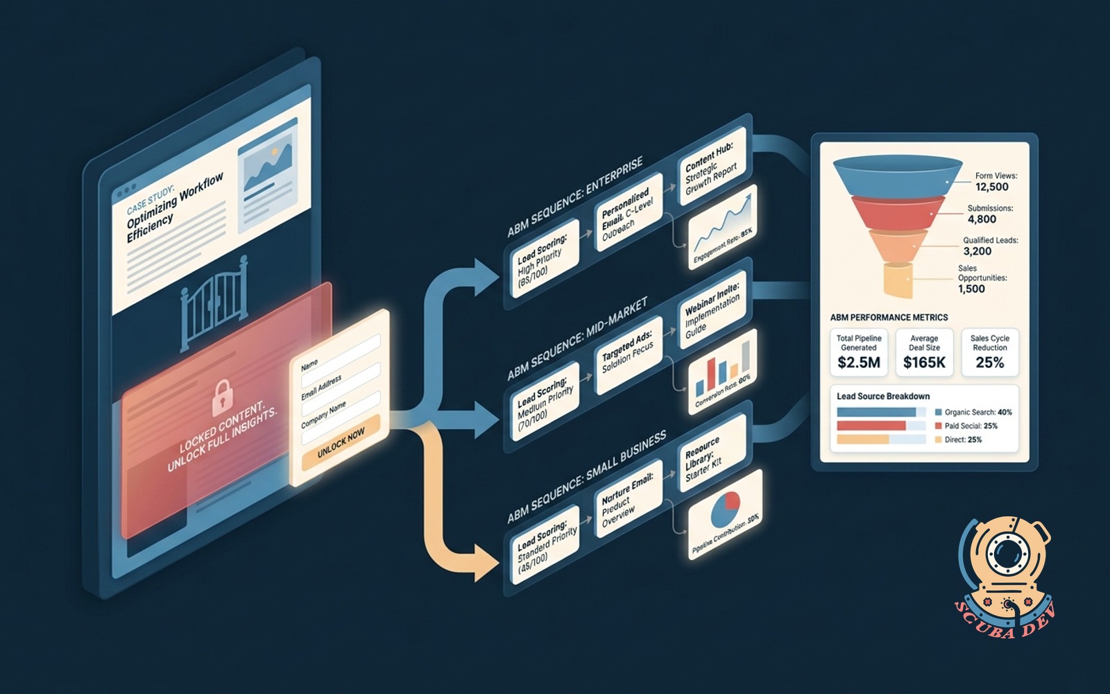 An illustration showing a user reading a case study document with a locked section that reveals a short form routing their data into a targeted marketing sequence.