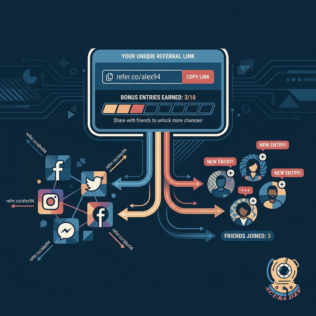 A dashboard displaying a unique referral link alongside icons for sharing on social platforms.