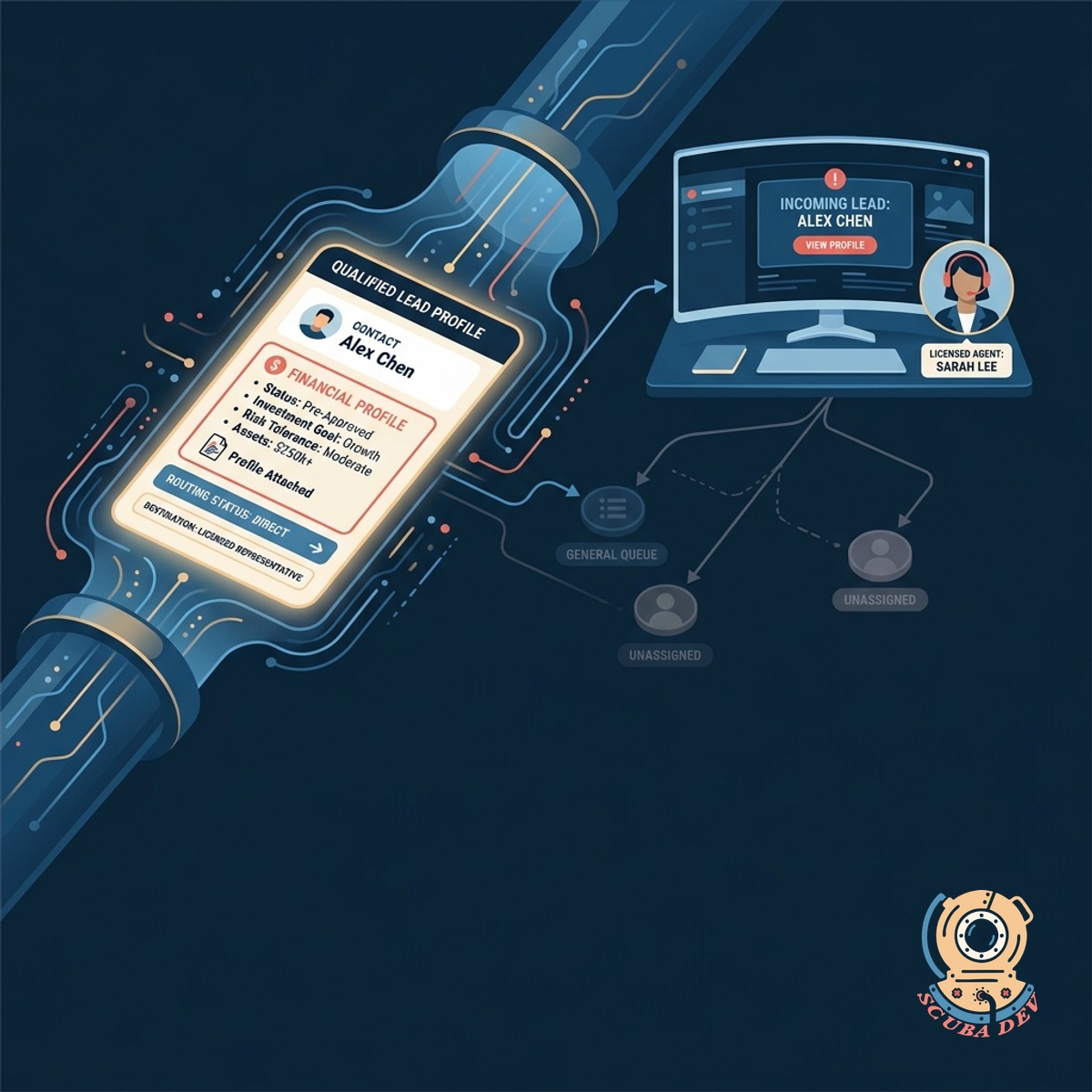 An illustration of a user profile being securely transferred to a licensed financial representative.