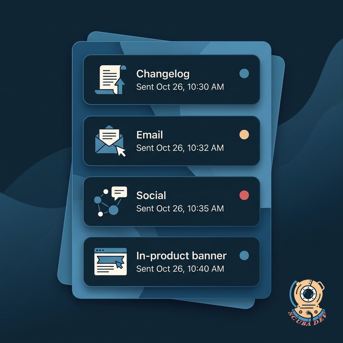 Multi-channel publication panel with destination icons for changelog, email, social, and in-product banner, each with a send confirmation