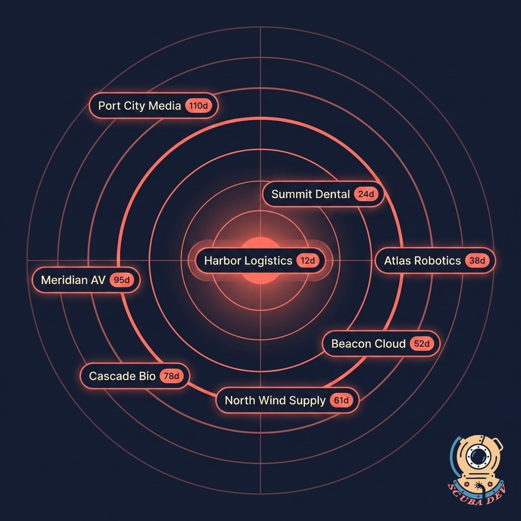 Circular radar diagram with eight labeled account nodes at varying distances from center, a coral ring marking the 60-day heads-up threshold, and the closest account pulsing coral