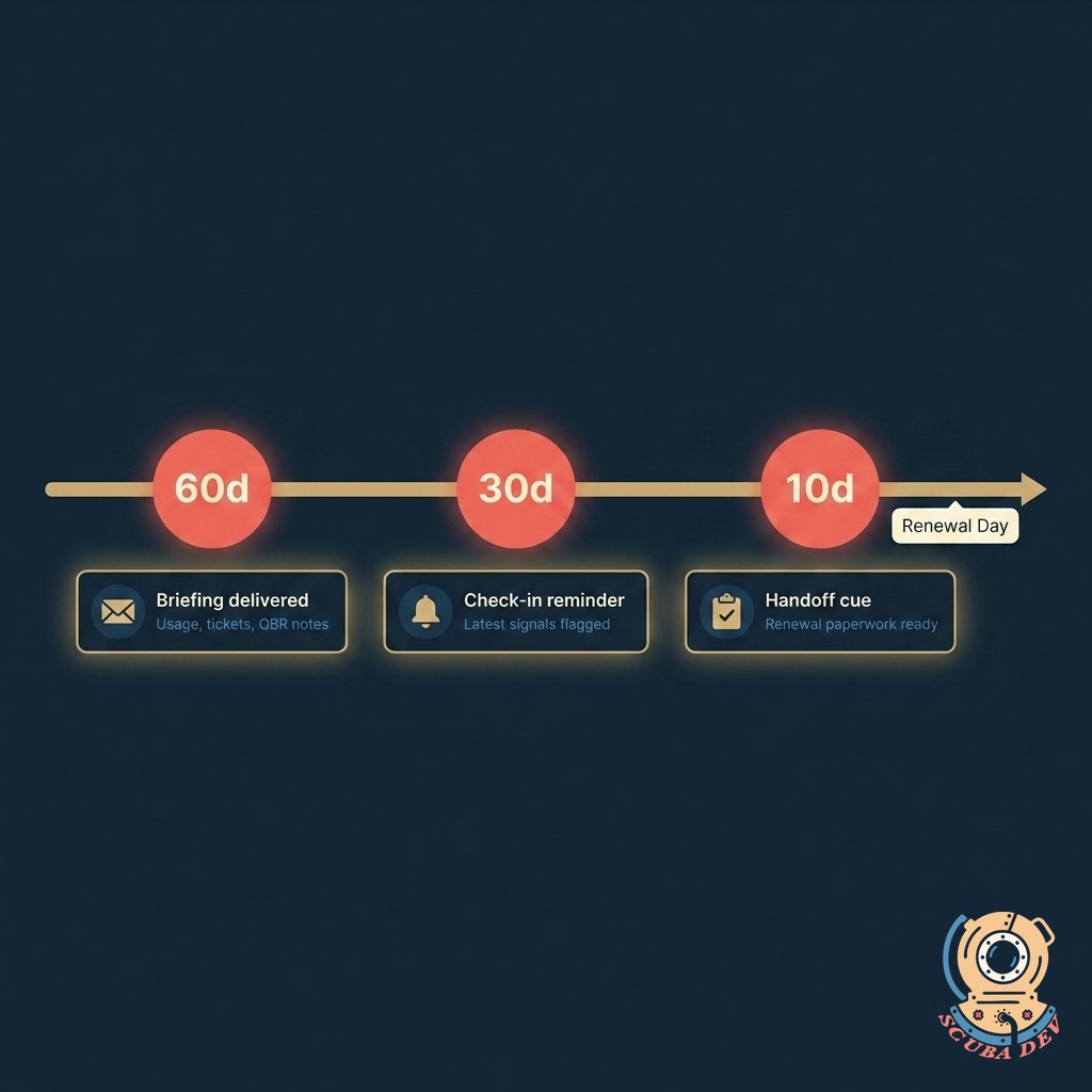 Horizontal timeline with three coral milestones labeled 60, 30, and 10 days, each showing the notification that fires, with an arrow tip marked Renewal Day at zero