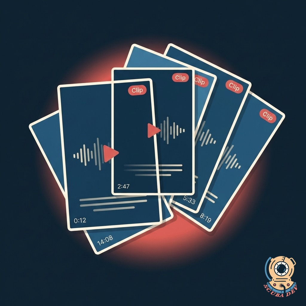 Stack of four or five vertical video clip thumbnails with time-coded labels and coral Clip badges