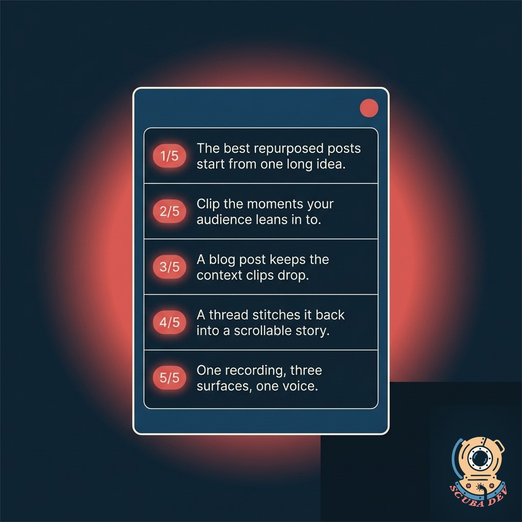 Social thread card with five numbered posts stacked vertically, each showing a short line of text, the first post highlighted as the hook