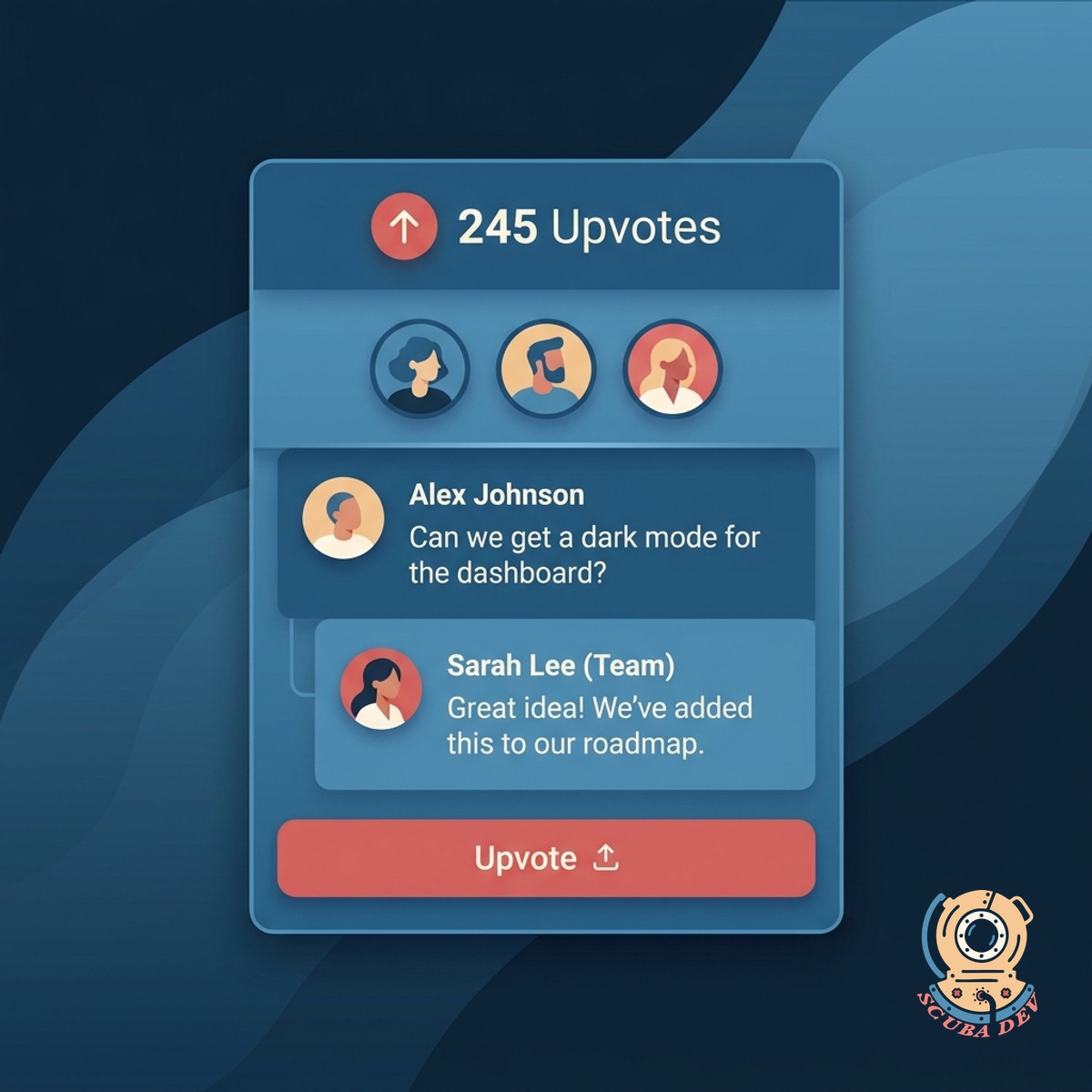 Roadmap card expanded with an upvote count pill and a comment thread below showing customer questions and a team reply