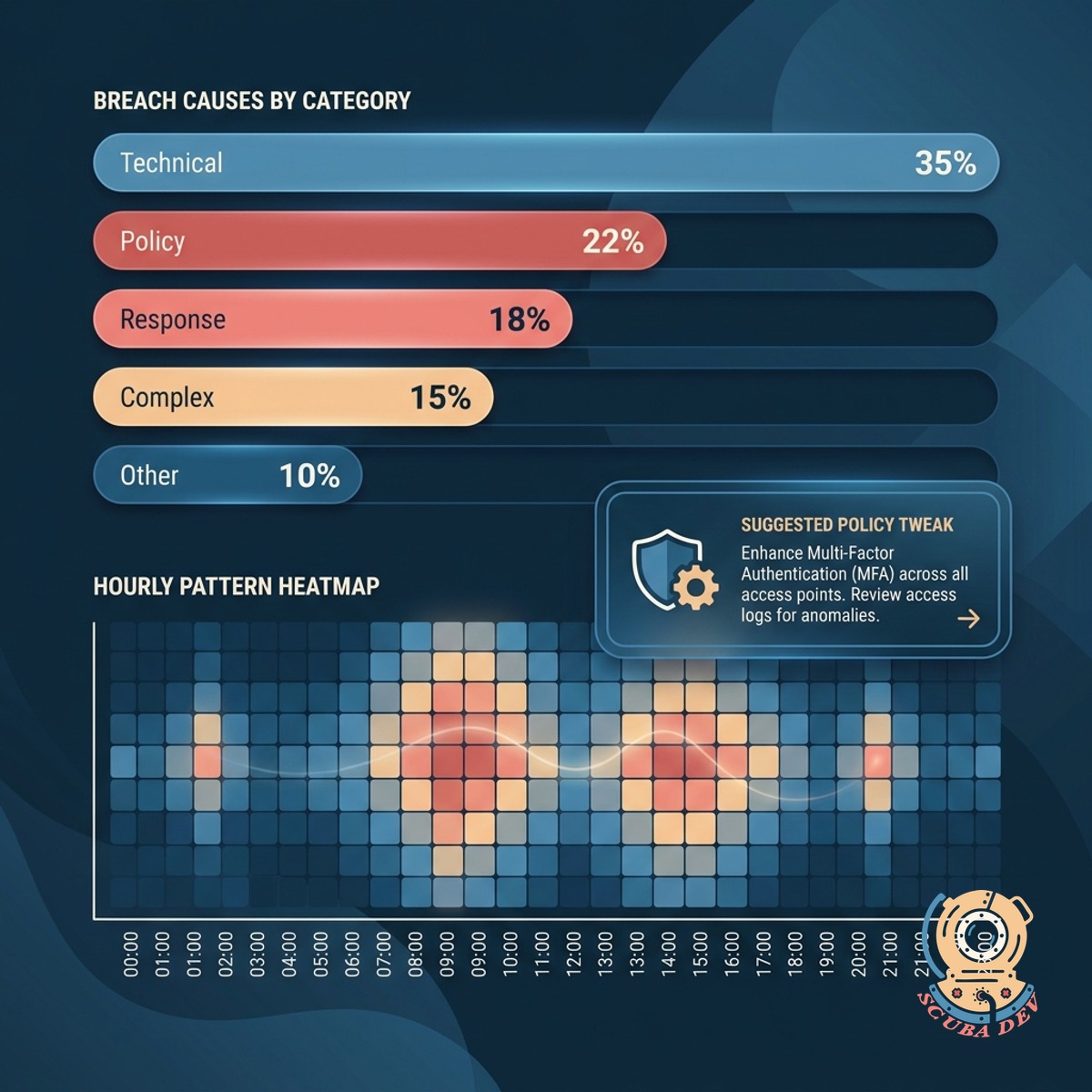 Breach analytics chart with category breakdown bars, hourly pattern heatmap, and suggested policy changes