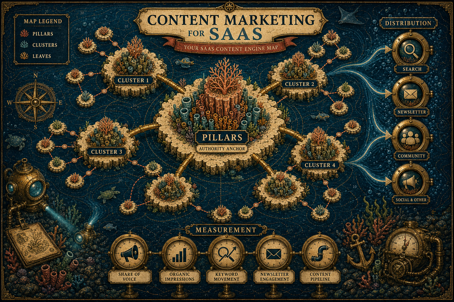 ImageGen underwater treasure map of a SaaS content engine showing authority pillars, topic clusters, article leaves, distribution currents, and measurement gauges.