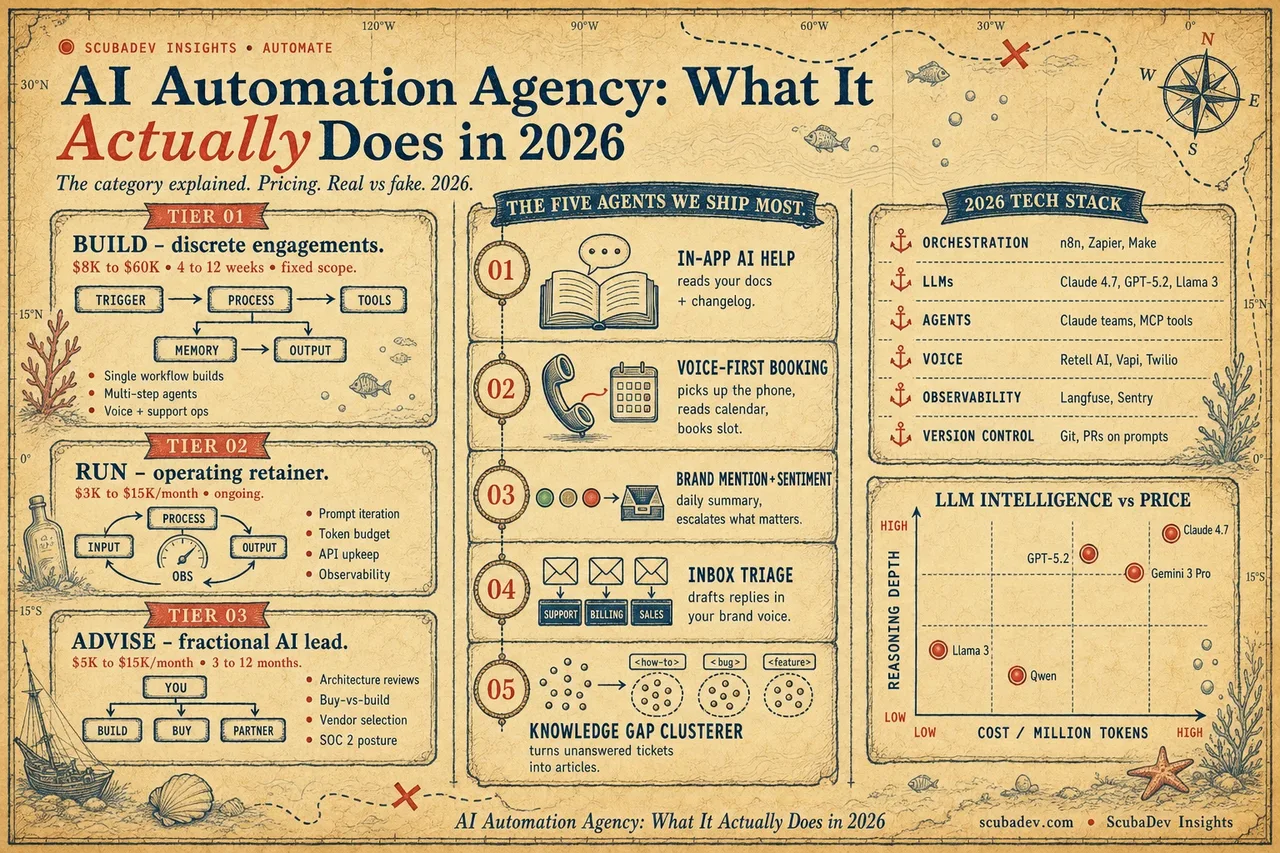 AI automation agency infographic showing build, run, and advise tiers, five common agents, the current tech stack, and an LLM intelligence versus price chart.