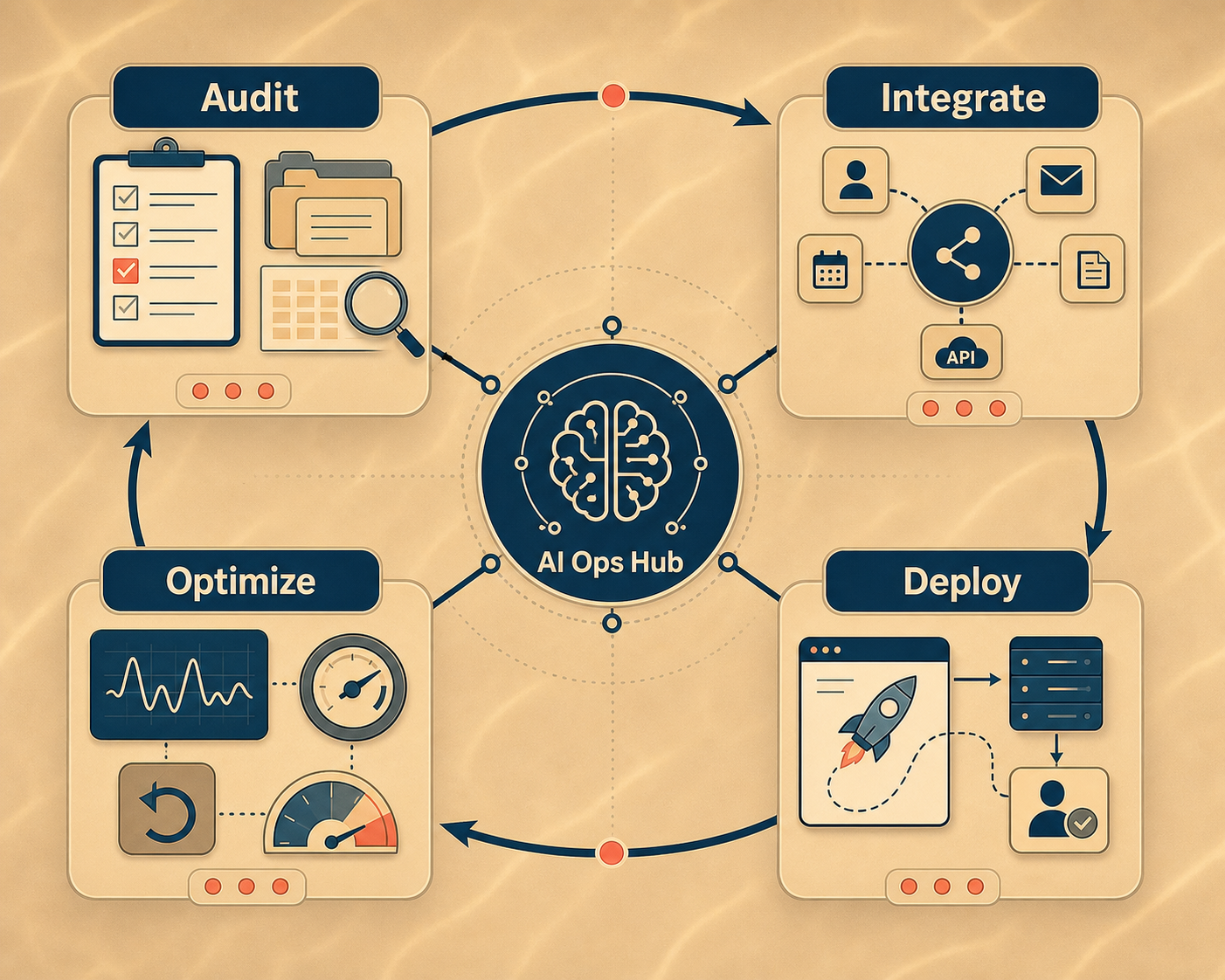 AI implementation cycle: audit, integrate, deploy, and optimize