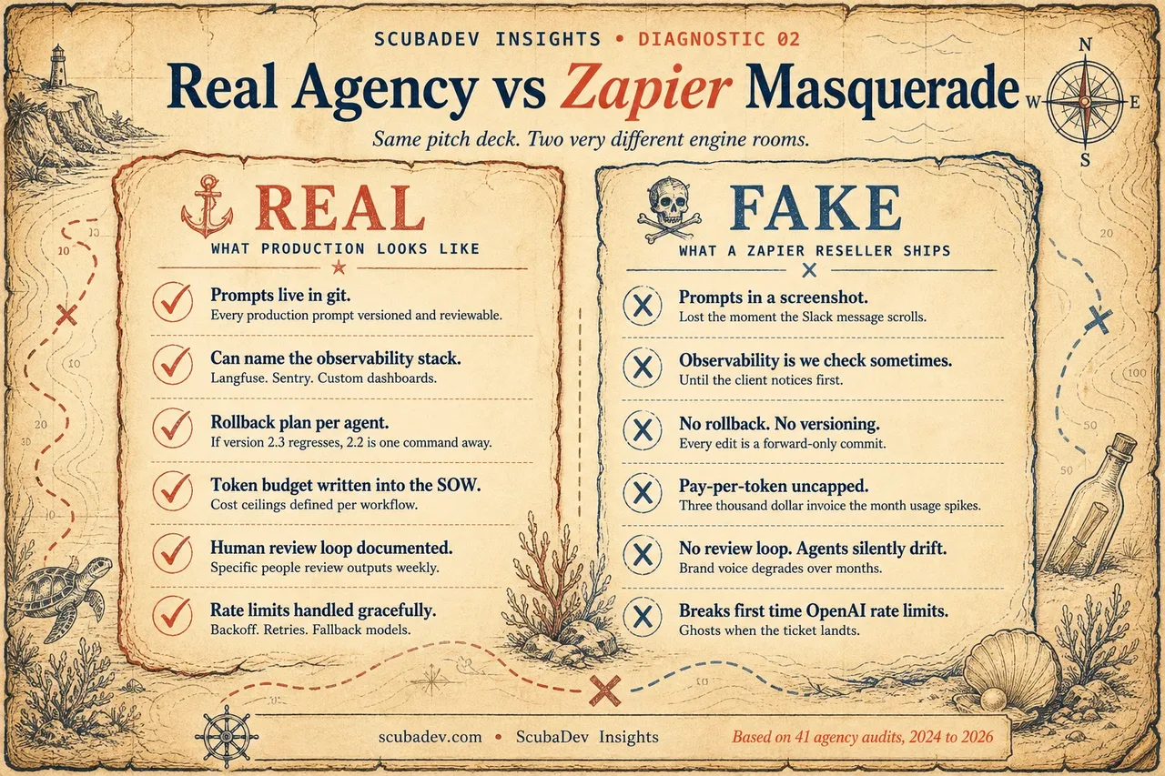 Real agency versus Zapier masquerade infographic comparing production proof points with reseller warning signs.