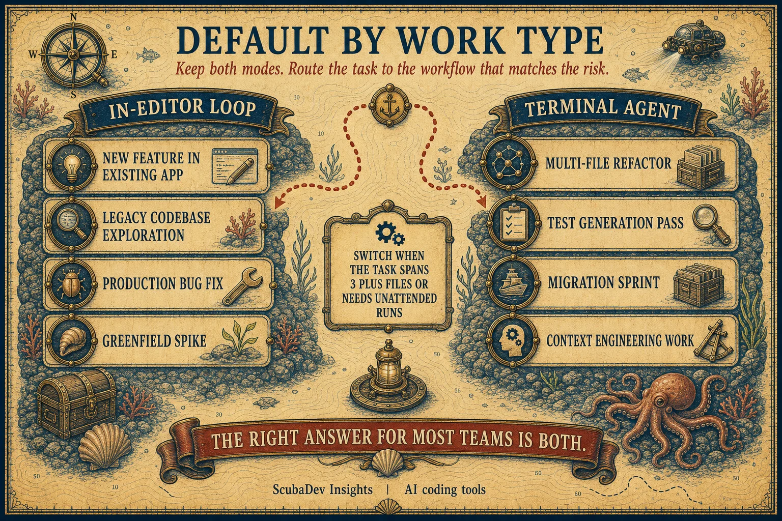 Decision infographic showing whether Cursor, Claude Code, or both should be the default by work type.