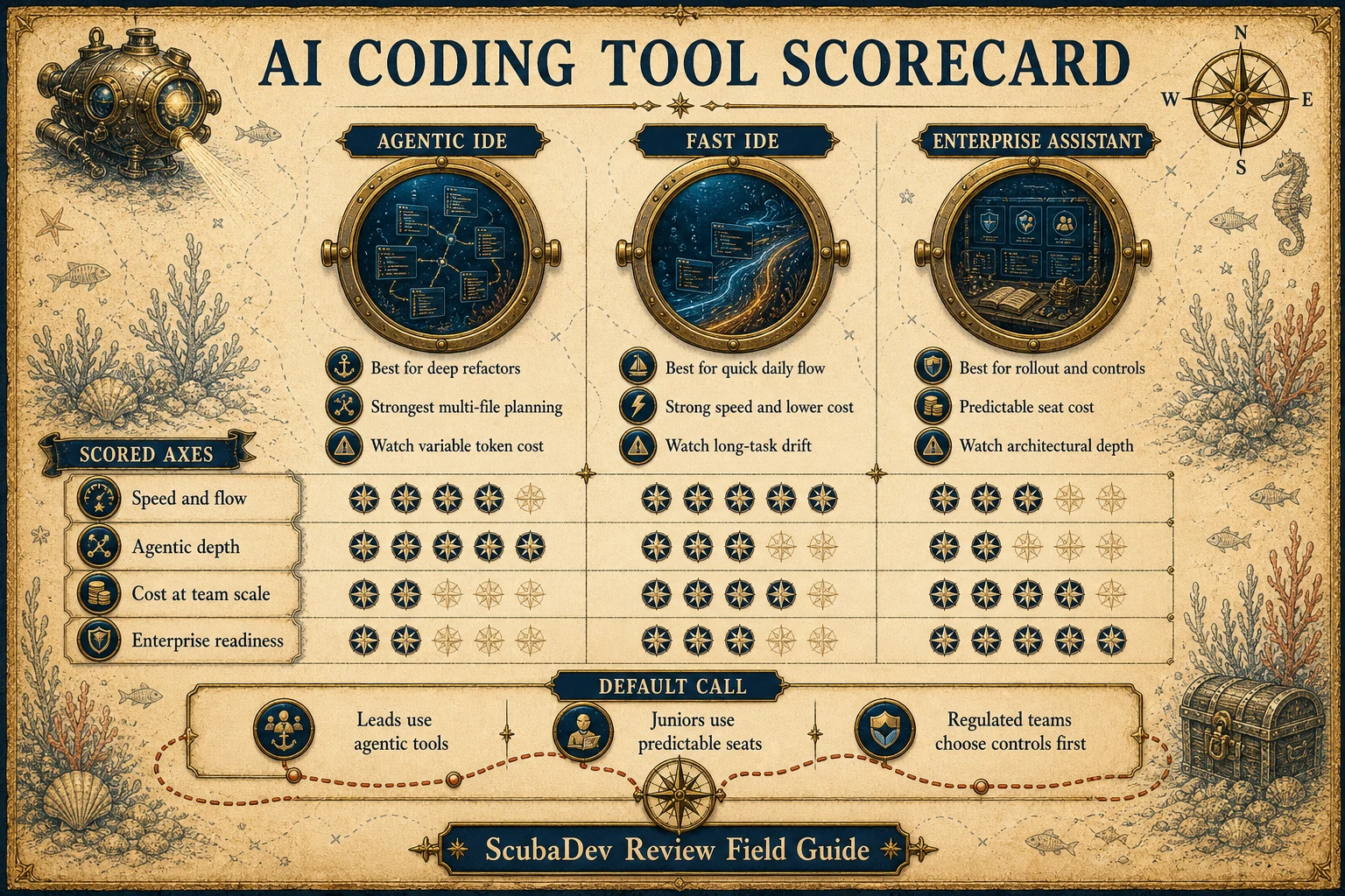 Field-guide style AI coding tool scorecard comparing agentic IDE, fast IDE, and enterprise assistant profiles across speed, depth, cost, and readiness.