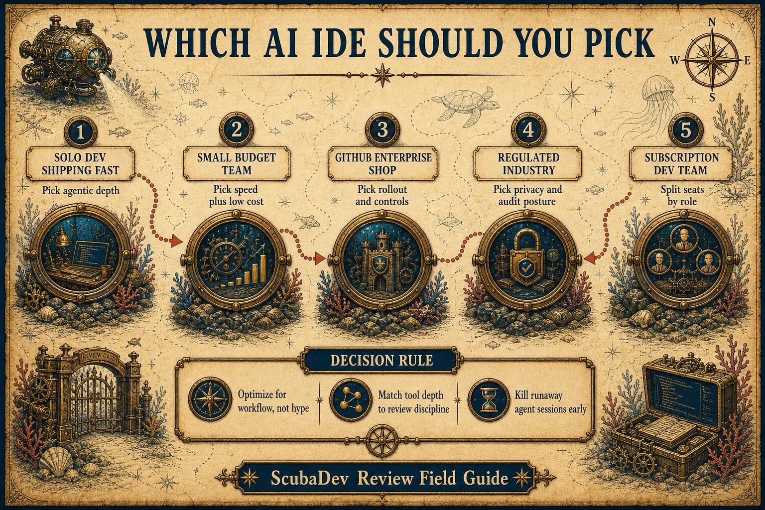 Underwater treasure-map style decision guide showing which AI IDE profile fits solo developers, budget teams, enterprise shops, regulated industries, and subscription dev teams.