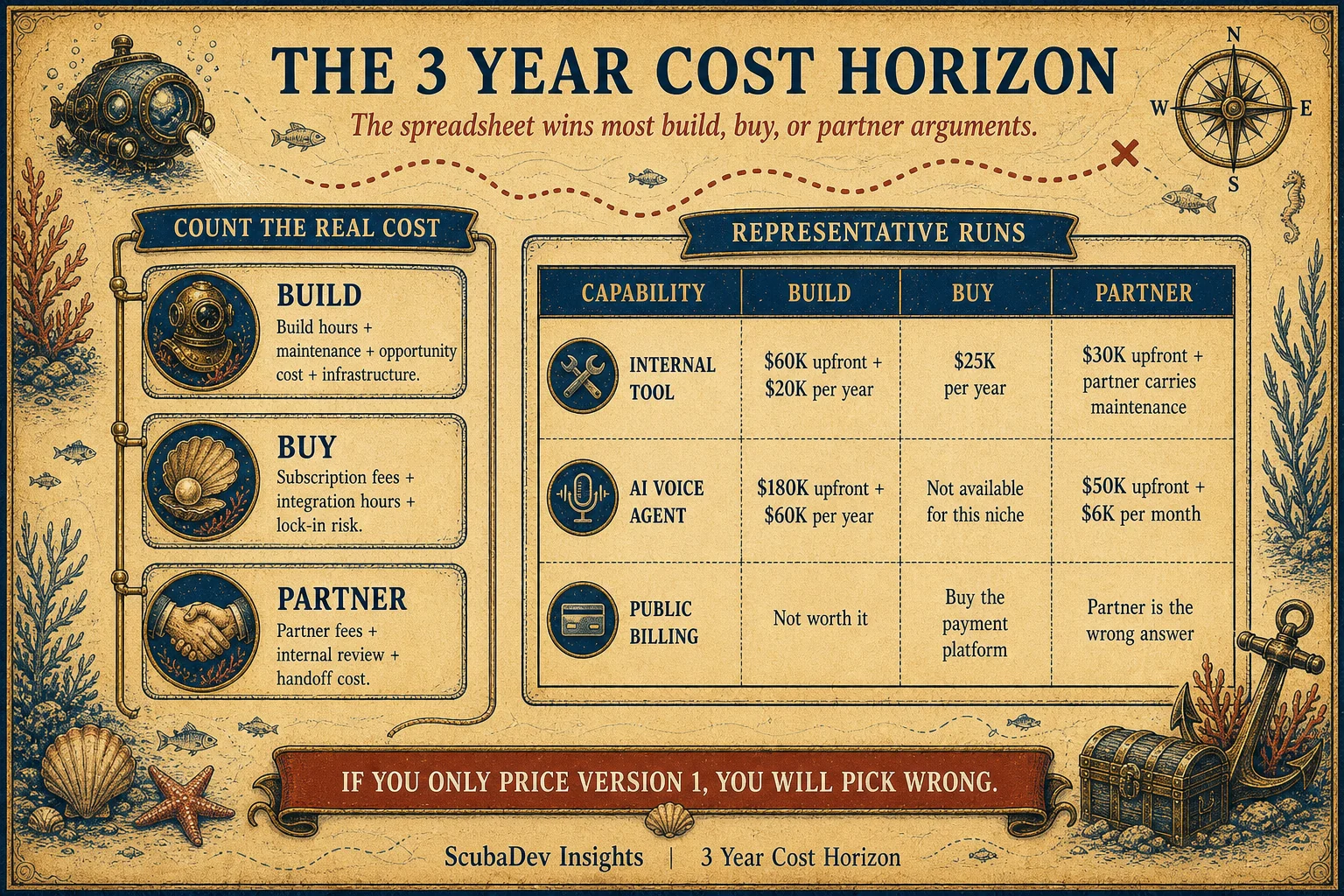 Treasure-map style 3-year cost horizon comparing build, buy, and partner costs.