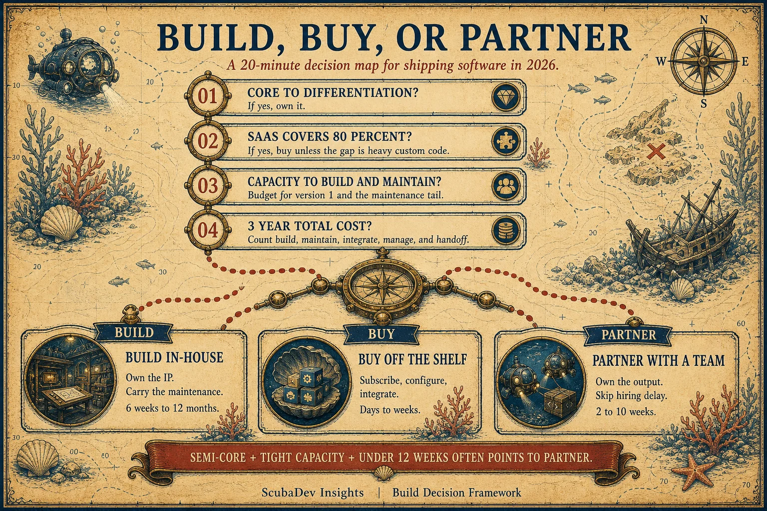 Treasure-map style decision framework for build, buy, or partner decisions showing the four questions that determine the route.