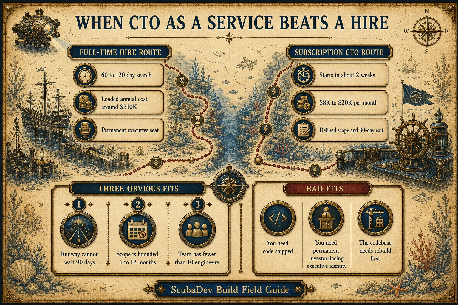 Treasure-map style comparison of CTO as a Service against a full-time CTO hire.