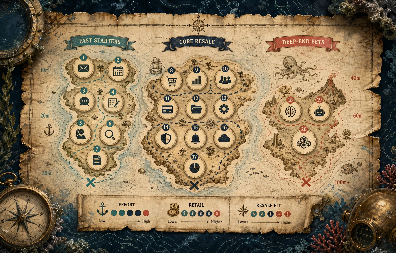 Opportunity map for selecting white-label custom software builds by effort, retail range, and resale fit.