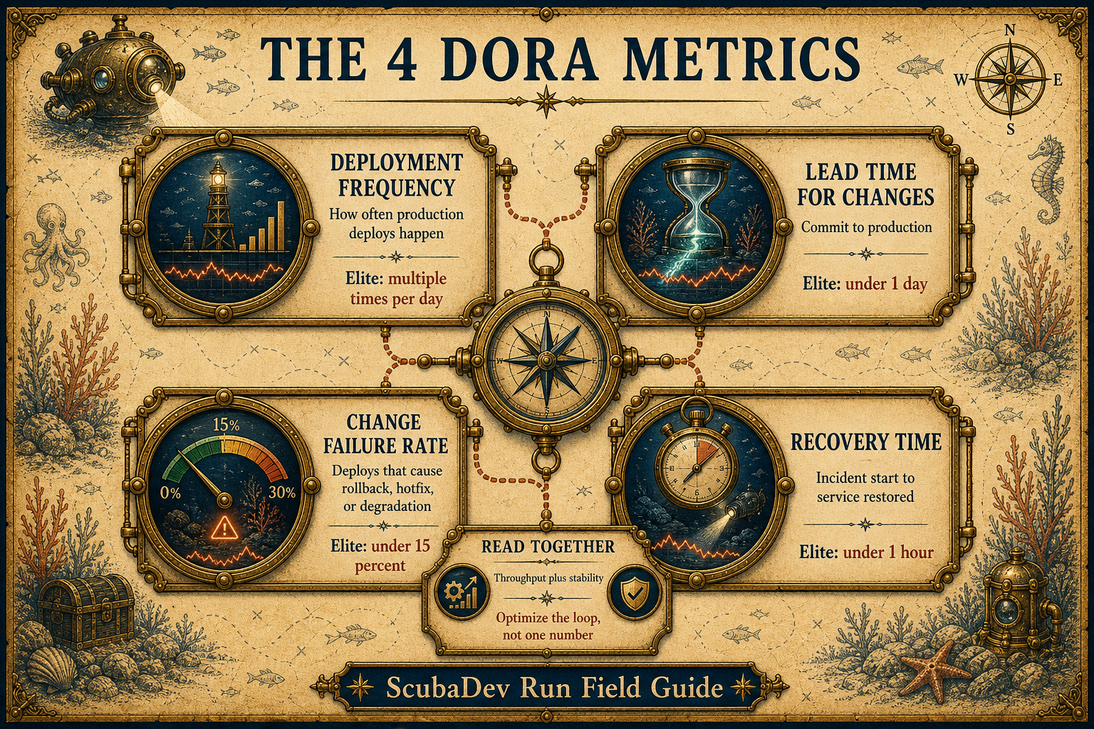 Treasure-map infographic showing deployment frequency, lead time for changes, change failure rate, and recovery time with elite DORA targets.