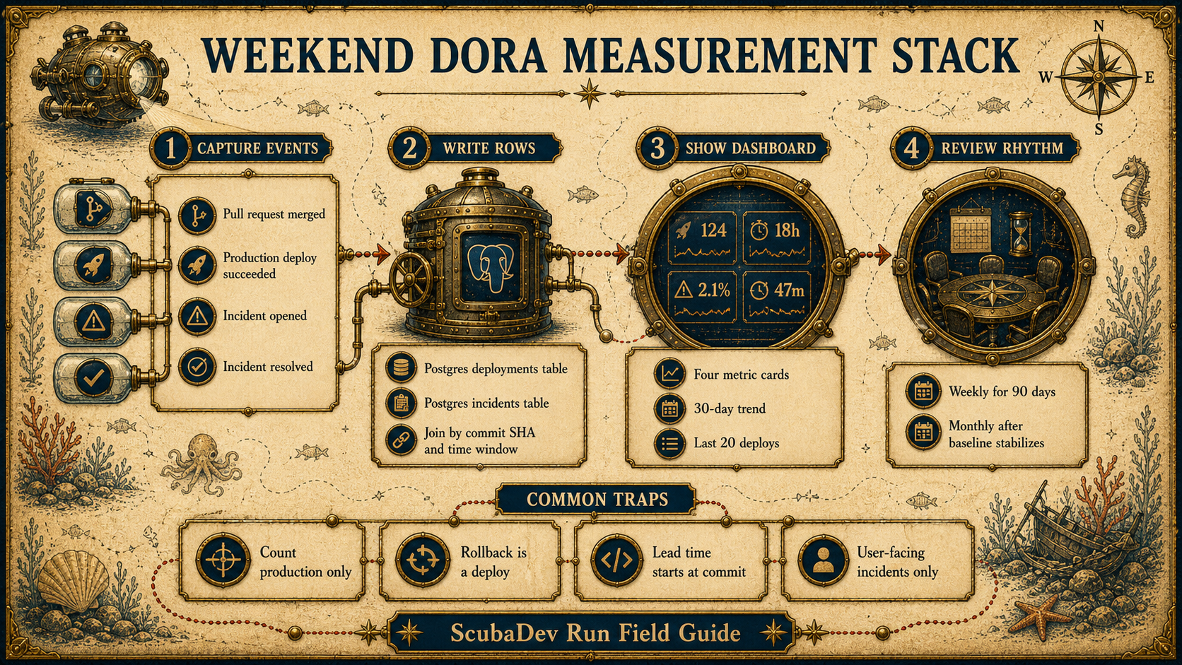 Weekend DORA measurement stack infographic showing event capture, Postgres storage, dashboard display, weekly review, and common measurement traps.