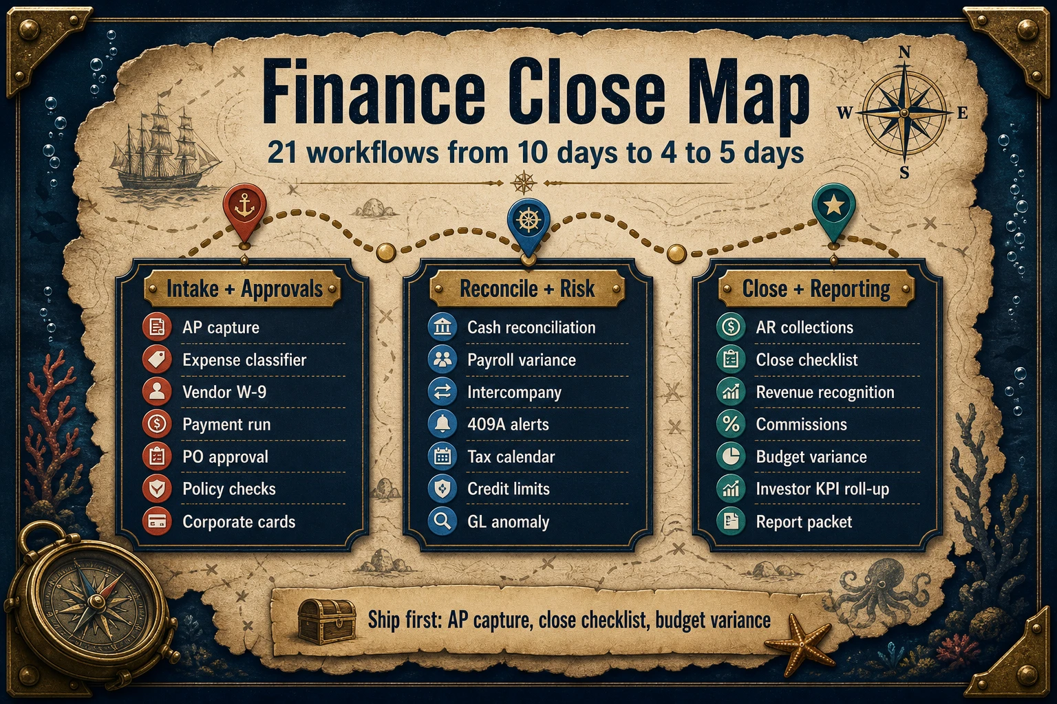 Treasure-map infographic of 21 finance automations grouped across AP, AR, close, payroll, reporting, and compliance, with a route from 10-day close toward 4 or 5 days.