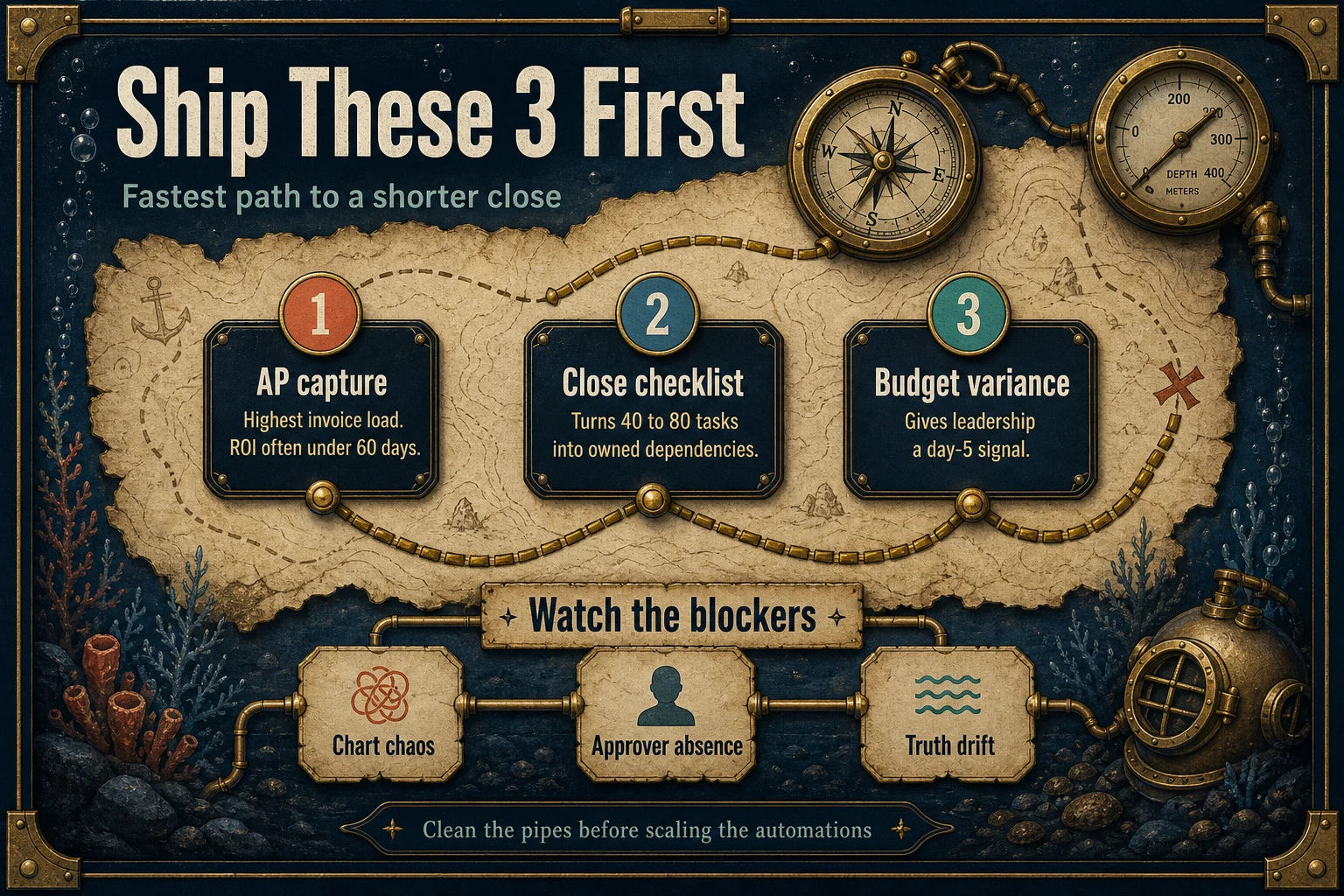 Treasure-map compass infographic showing AP invoice capture, month-end close checklist orchestration, and budget variance dashboard as the first three finance automations to ship.