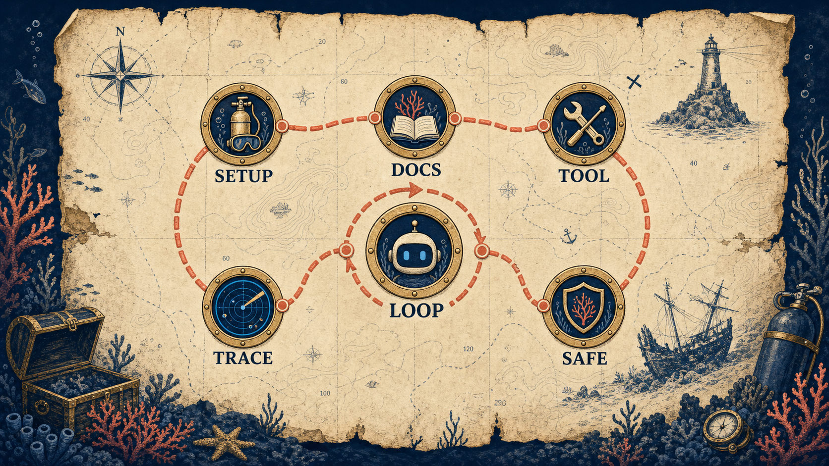 Treasure-map infographic of an AI agent build path with porthole stations for setup, docs, tool, loop, trace, and safety.