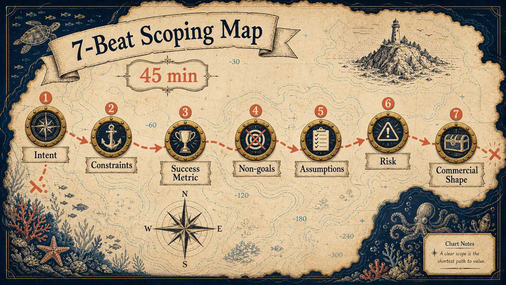 Treasure-map infographic showing the seven beats of a 45-minute software scoping call: intent, constraints, success metric, non-goals, assumptions, risk, and commercial shape.