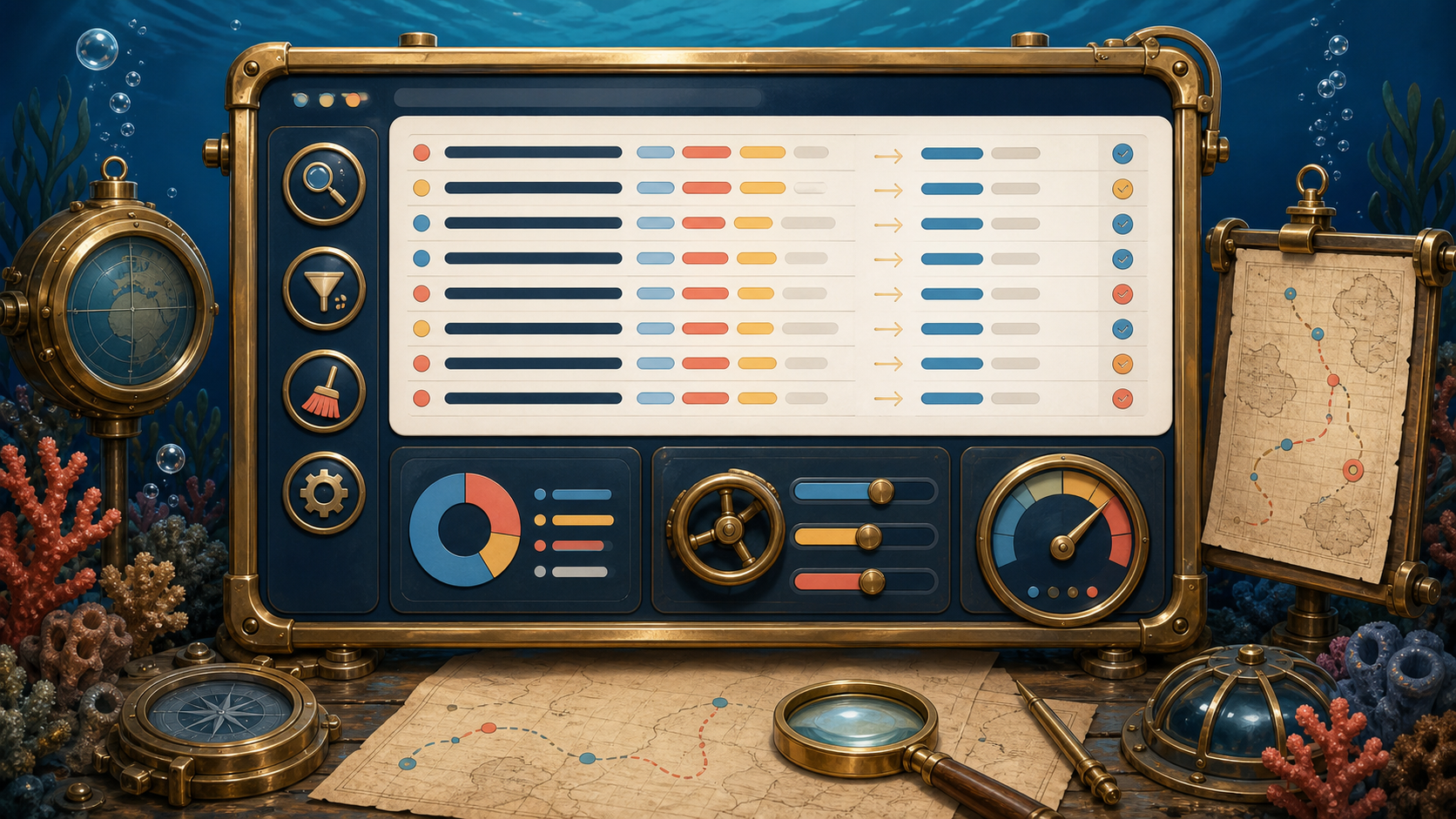 Underwater brass dashboard illustration for UTM audit and campaign tracking cleanup.
