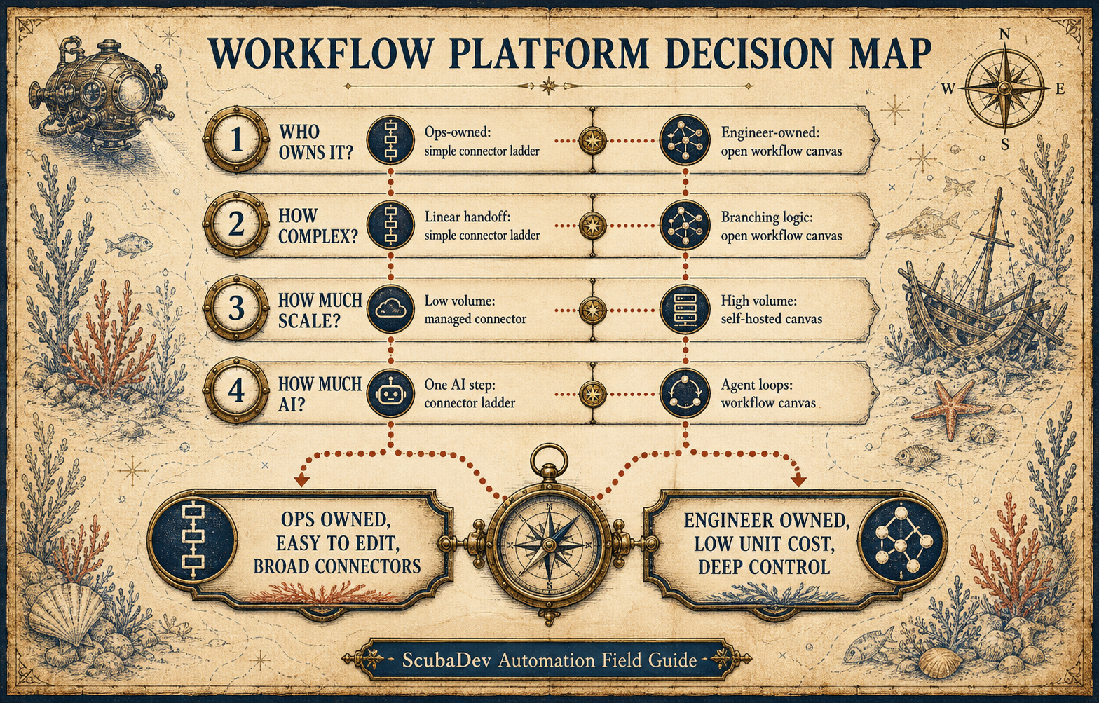 Decision map comparing ops-owned managed connector workflows with engineer-owned workflow canvas choices across ownership, complexity, scale, and AI depth.