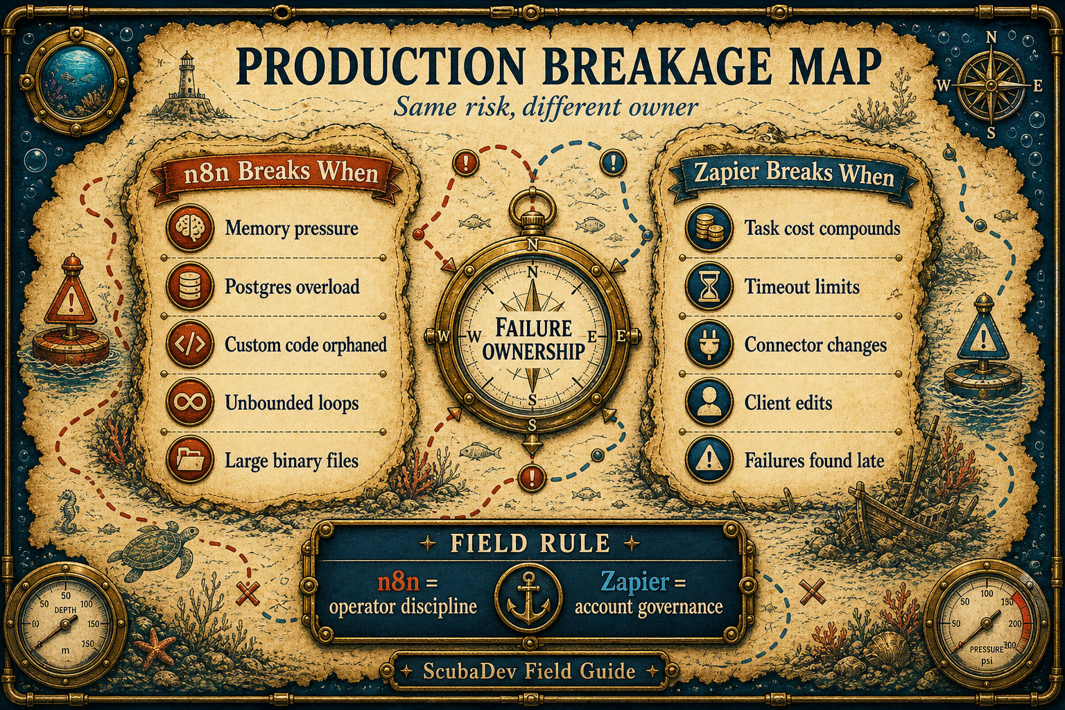 Production breakage map comparing n8n failures from memory pressure, Postgres overload, orphaned custom code, unbounded loops, and large binary files with Zapier failures from task cost, timeouts, connector changes, client edits, and late discovery.