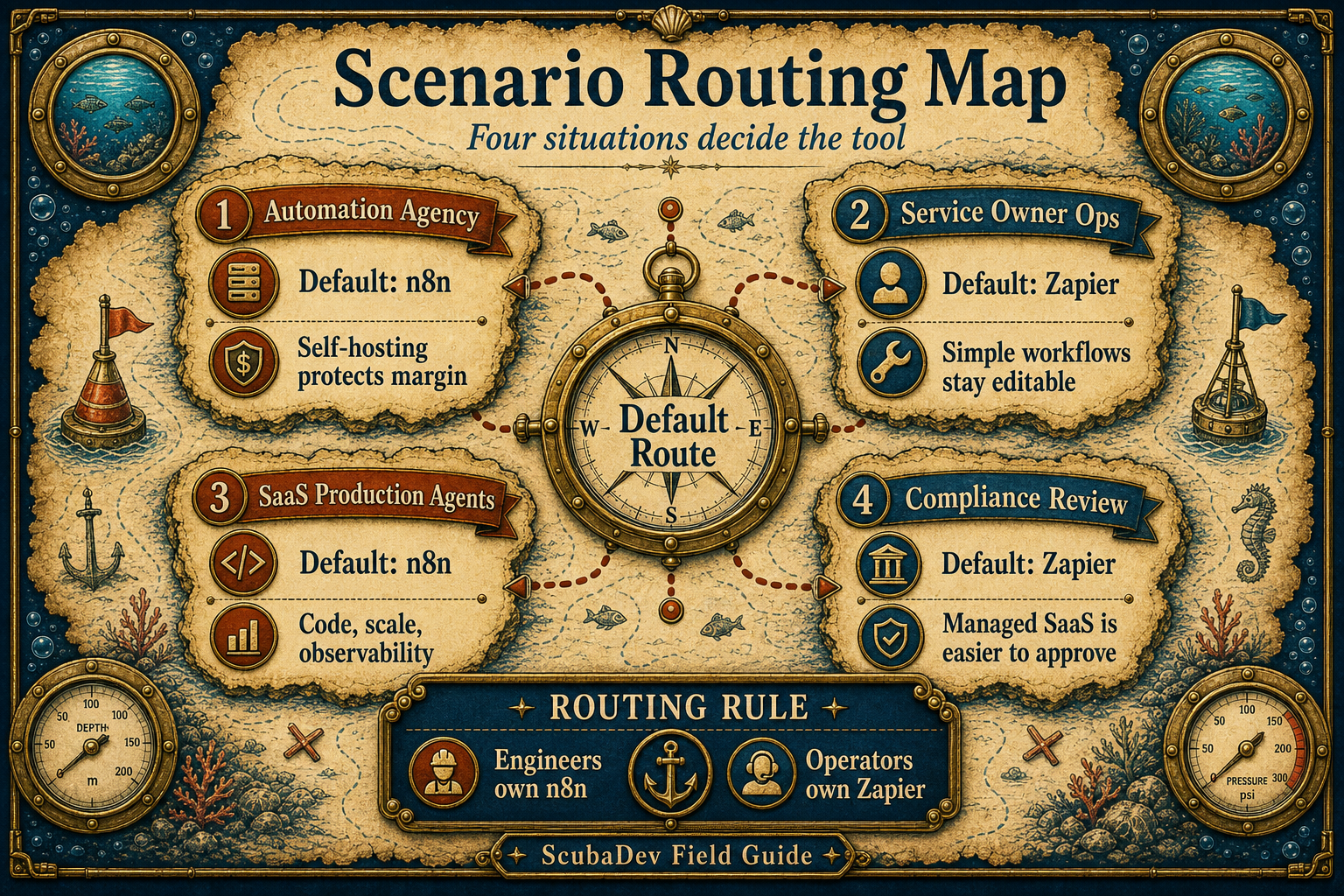 Scenario routing map showing automation agencies and SaaS production agents defaulting to n8n, while service-owner operations and compliance reviews default to Zapier.