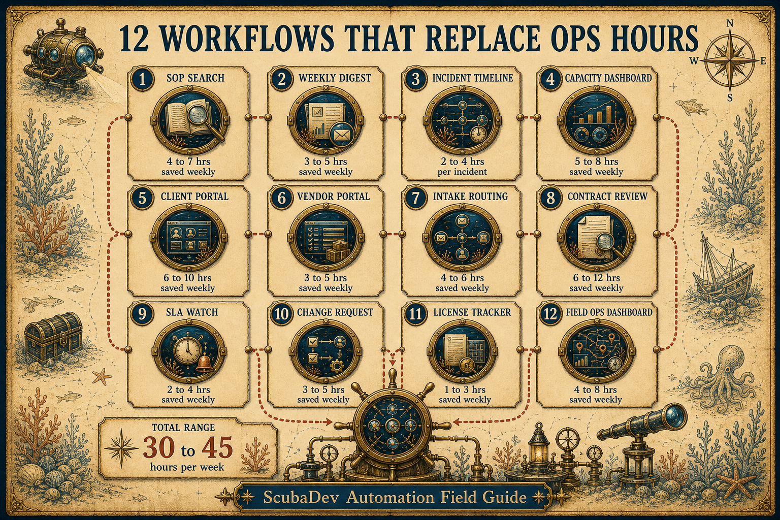 Treasure-map overview of twelve n8n workflows that deflect 30 to 45 hours per week of ops work.