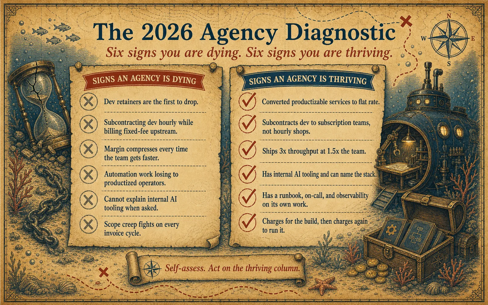 Two-column diagnostic infographic comparing signs an agency is dying with signs an agency is thriving.