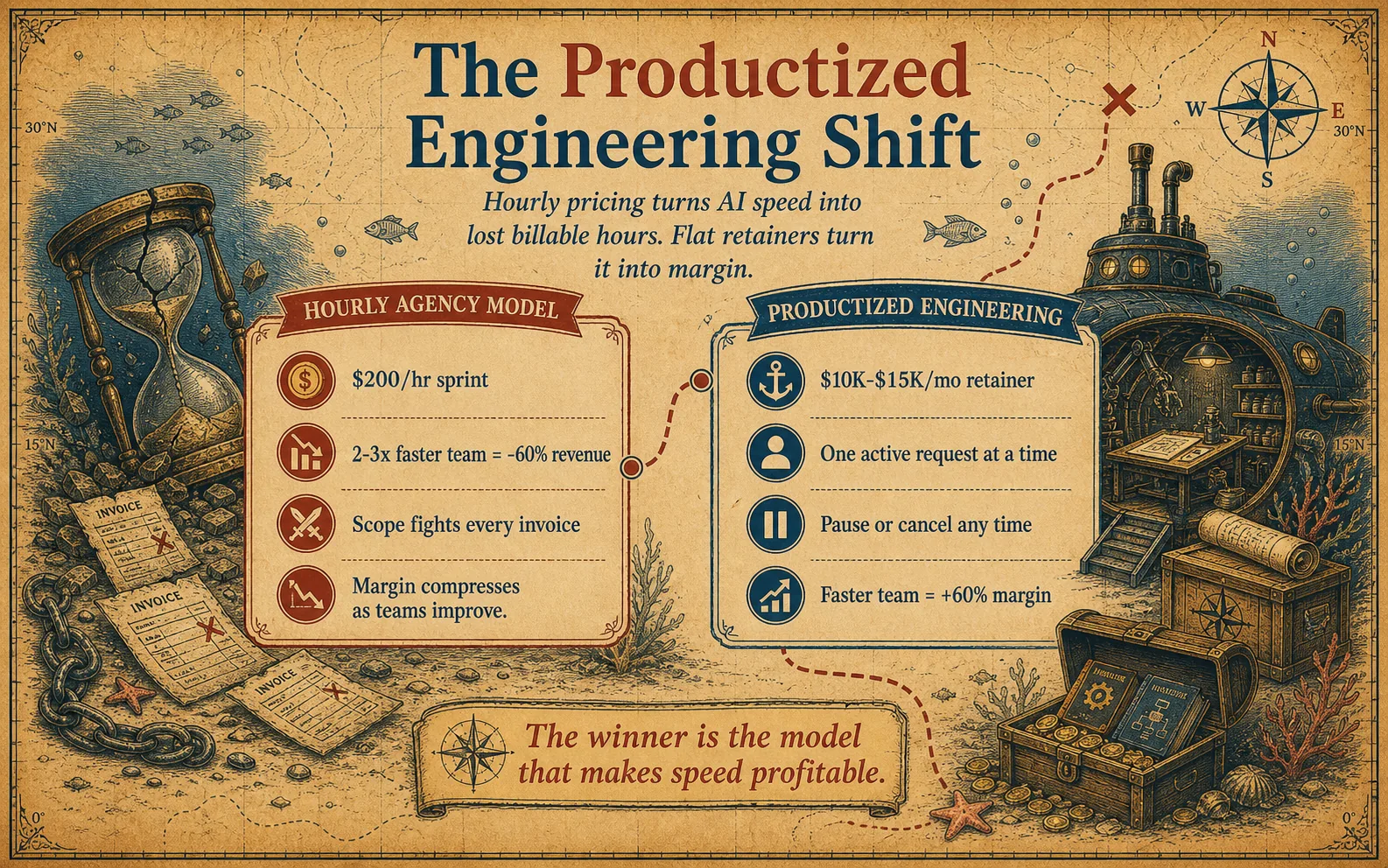 Productized engineering shift infographic comparing hourly agency pricing on the left with flat-rate subscription pricing on the right.