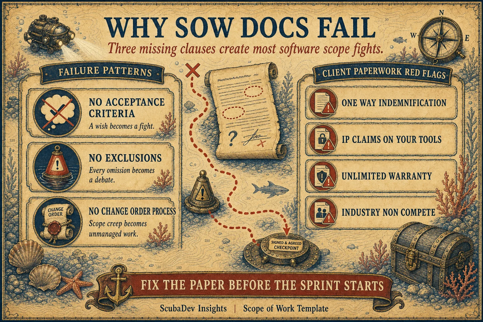 Editorial diagnostic infographic showing the three failure patterns of a scope of work document: missing acceptance criteria, missing exclusions, and missing change order process. Each pattern annotated with its symptom and consequence.