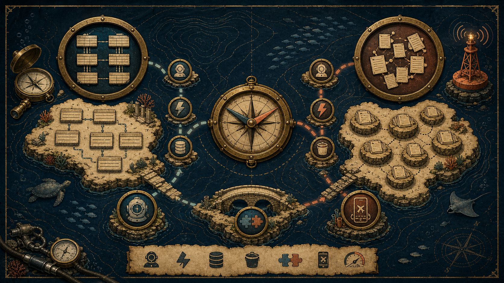 Treasure-map decision infographic for choosing between Supabase and Firebase, with relational database path, document mobile path, auth, realtime, storage, cost, migration, and offline markers.
