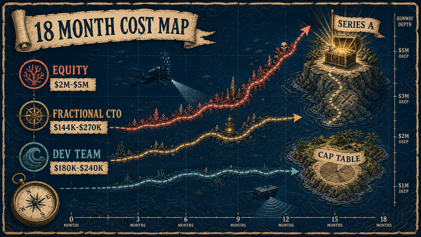 Treasure-map style 18-month cost map comparing technical co-founder equity at 2 to 5 million dollars with fractional CTO cost of 144 to 270 thousand dollars and dev team cost of 180 to 240 thousand dollars.