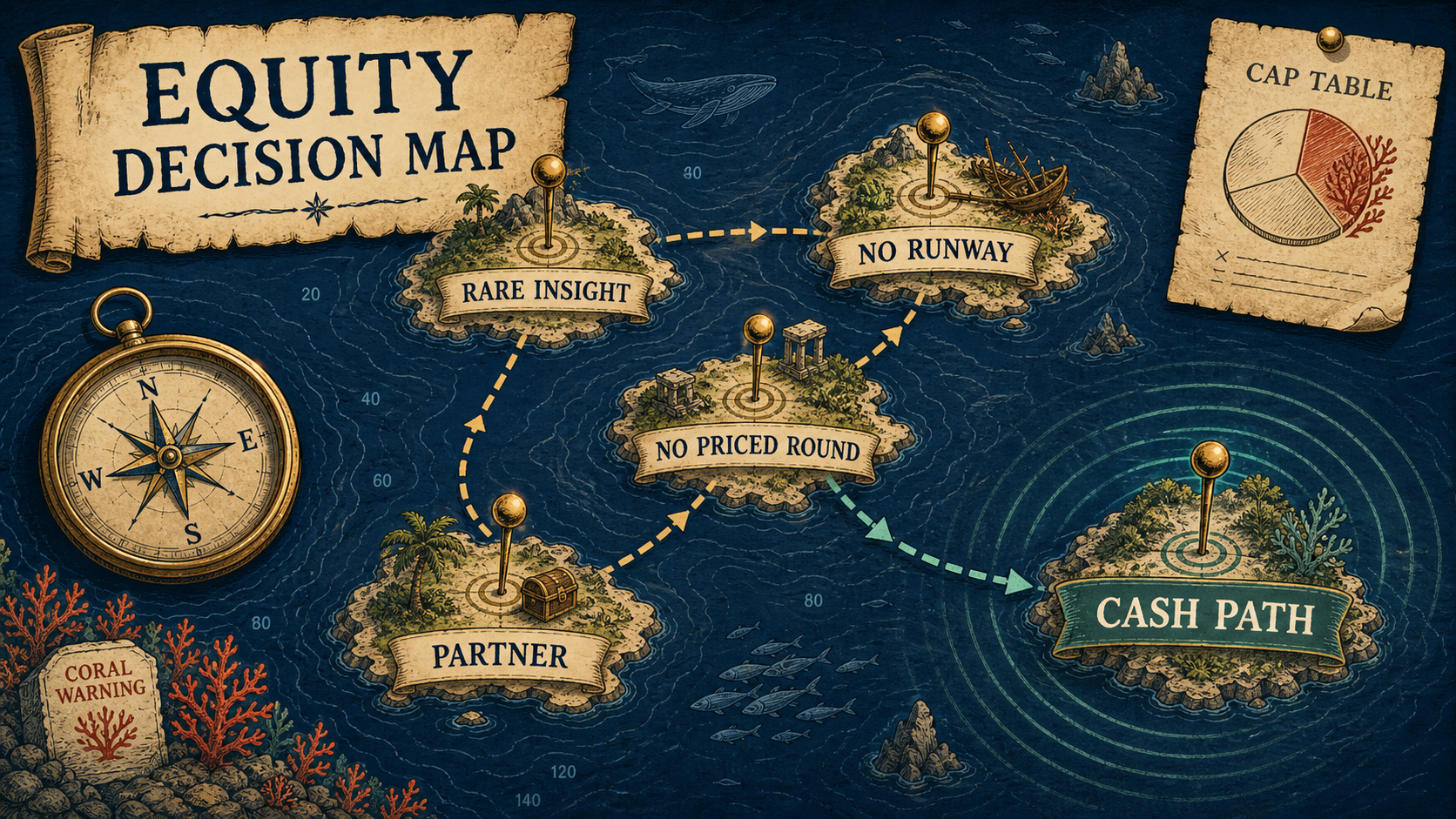 Treasure-map style equity decision map showing rare technical insight, no runway, no priced round, partner not builder, and cash path routes.