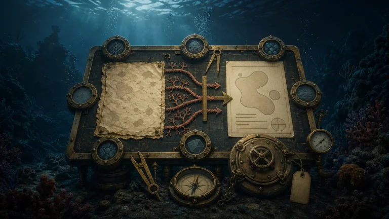 Underwater ScubaDev field guide illustration showing software scoping artifacts and route markers.