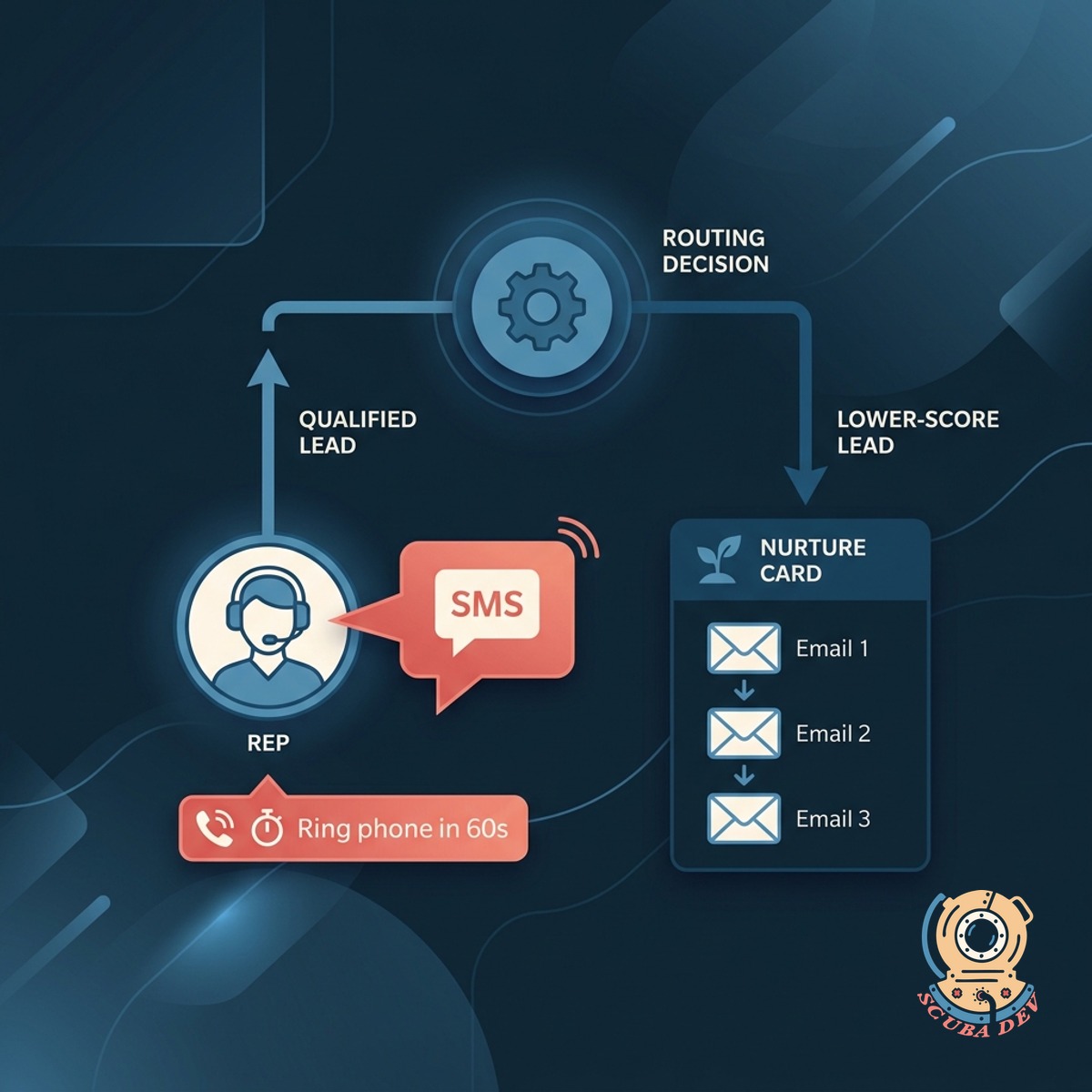 Routing diagram showing a hot lead firing a coral SMS to a rep and a lower-score lead dropping into a nurture card