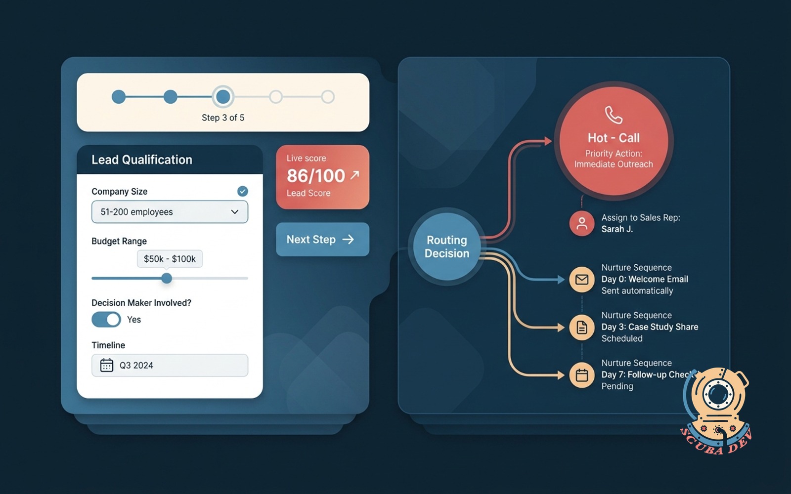 Lead intake form illustration that scores submissions, routes hot leads to phone, and drops others into a nurture sequence with timeline and scoring visible