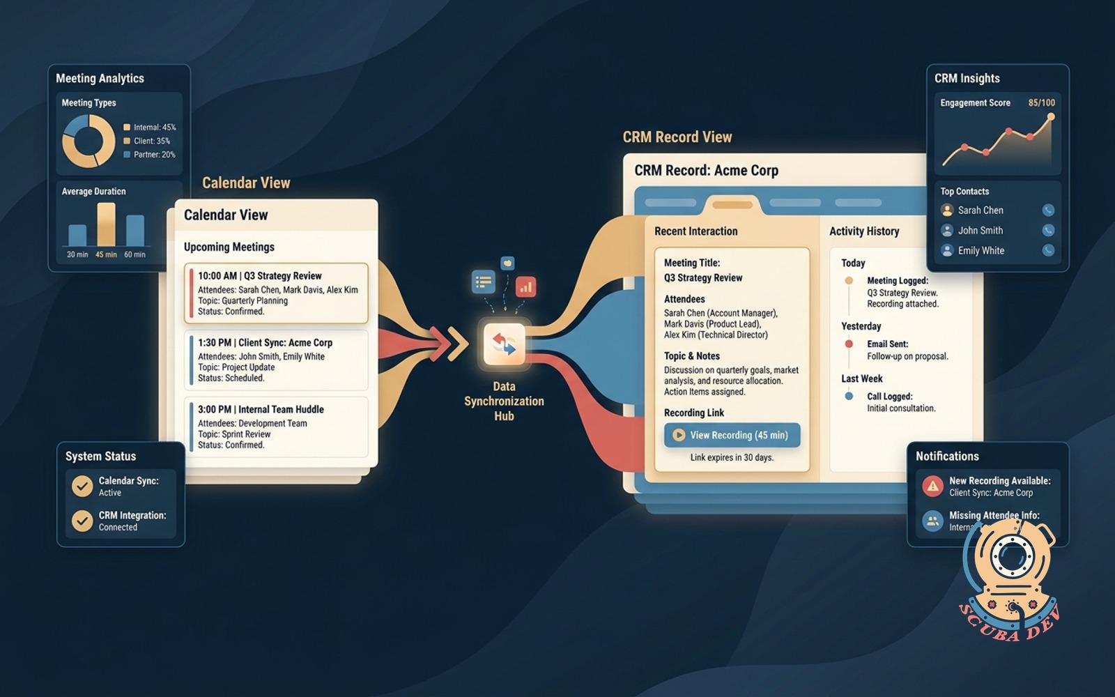 An illustration showing a calendar event syncing directly into a CRM contact record with meeting details, attendee lists, and a video recording link attached.