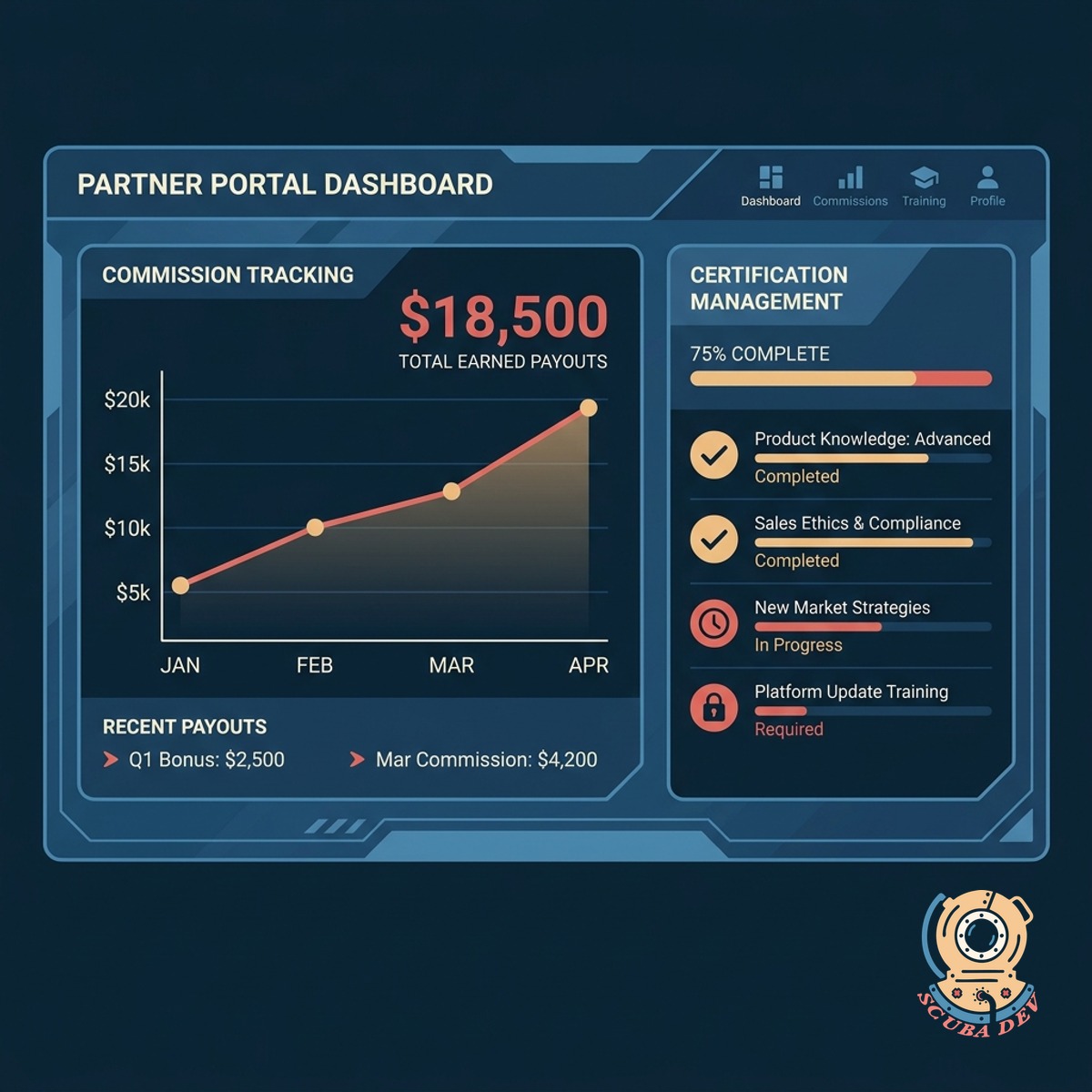 A dashboard panel displaying a bar chart of earned commissions alongside a circular progress indicator for partner certification.