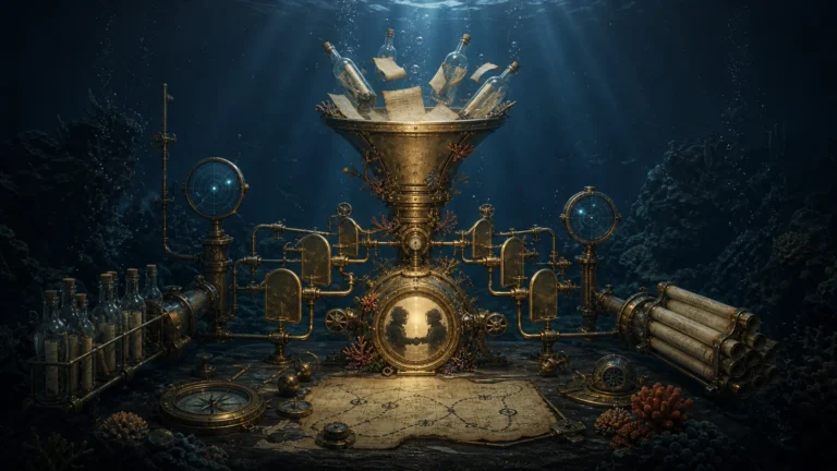 Underwater sales-agent routing machine with brass funnels, message bottles, radar instruments, and a nautical map.