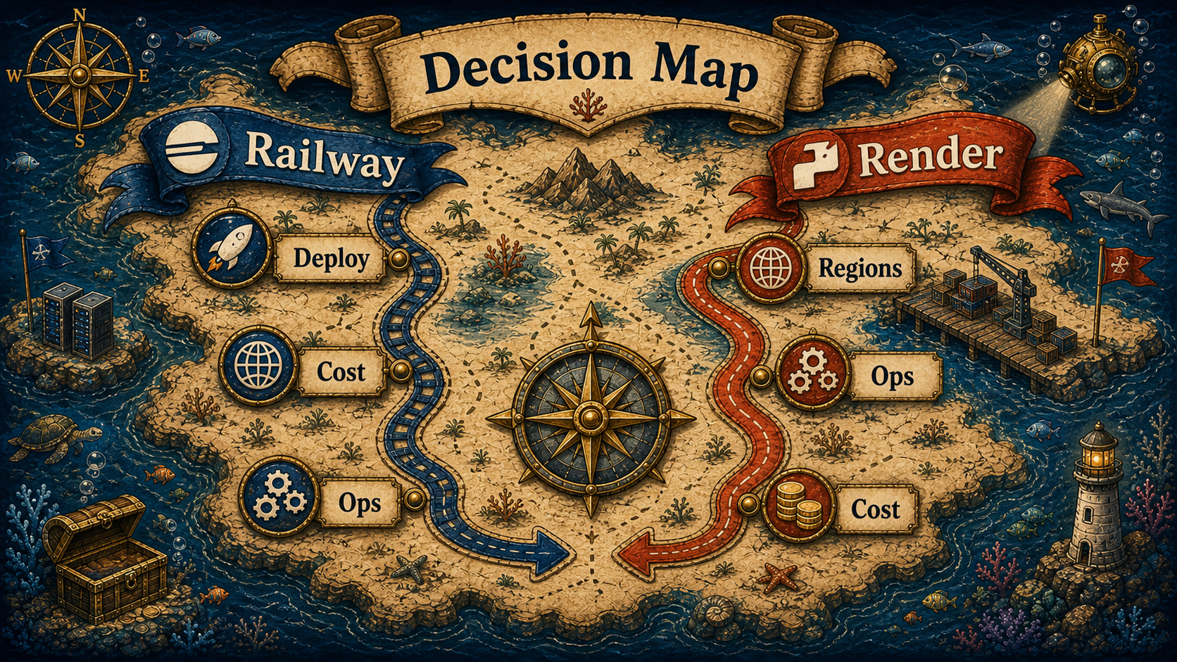 Treasure-map style Railway vs Render decision map with generated labels for Decision Map, Railway, Render, Deploy, Cost, Regions, and Ops.